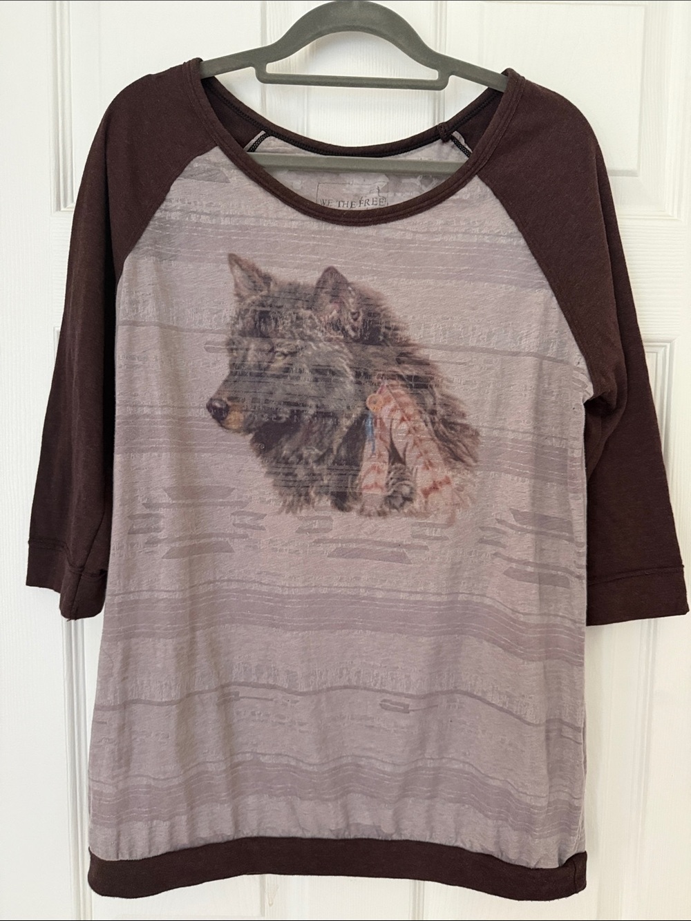 We The Free Raglan Tee with Brown Trim and Wolf graphic, size L